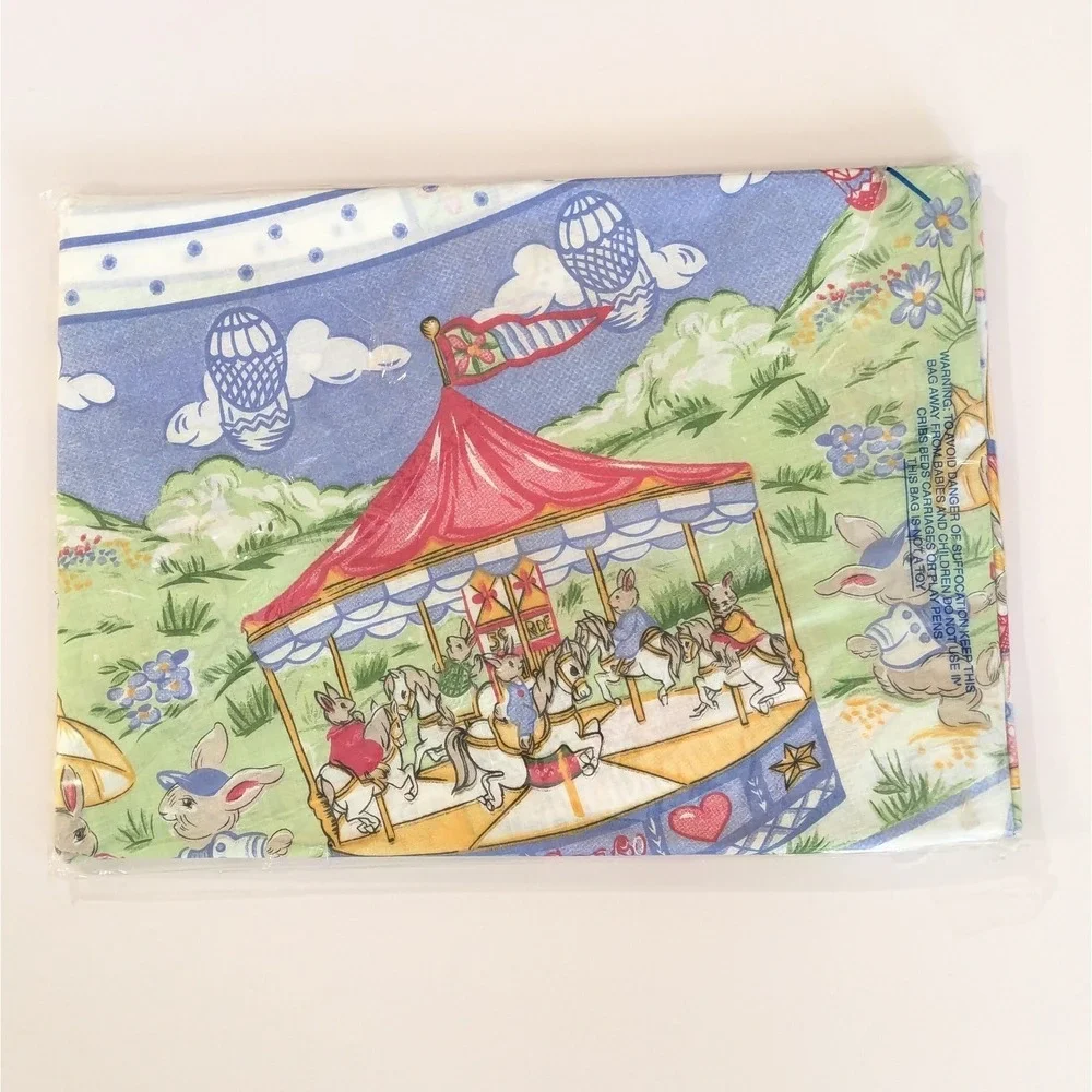 Vtg Easter Tablecloth Carousel Eggs Bunny Merry-Go-Round 70